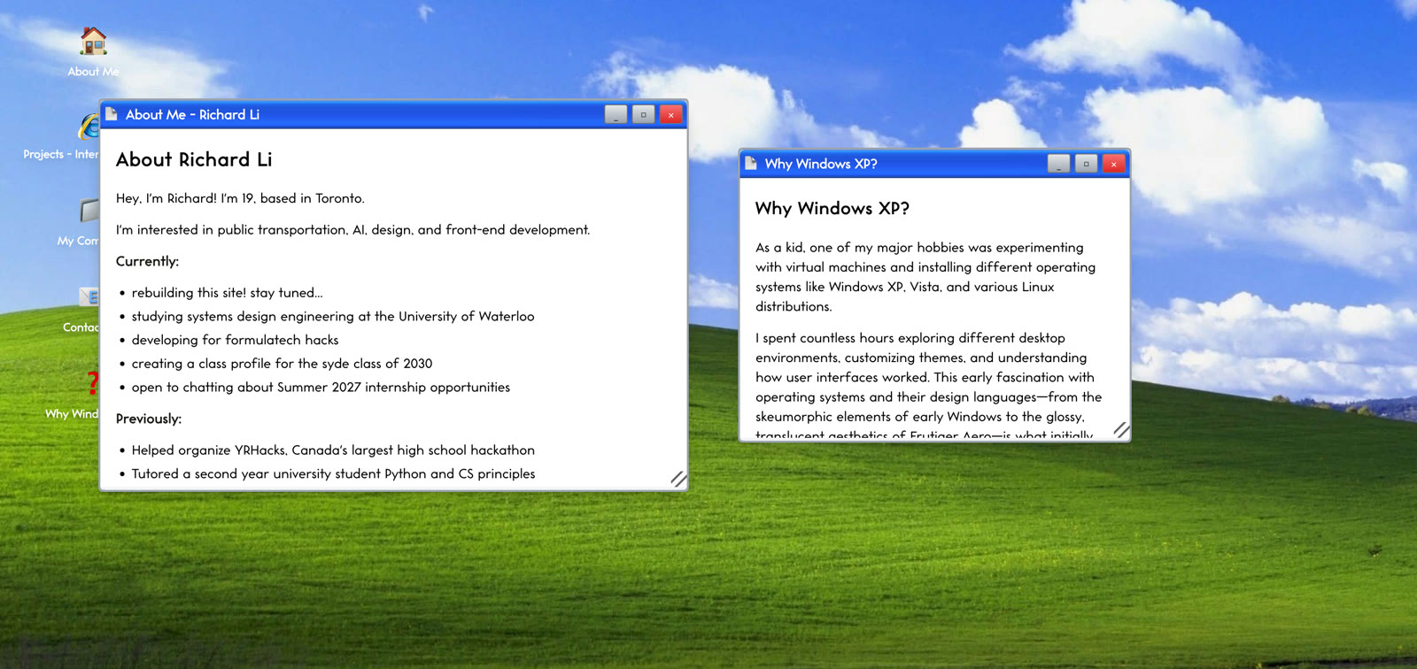 This website, recreated as a Windows XP desktop