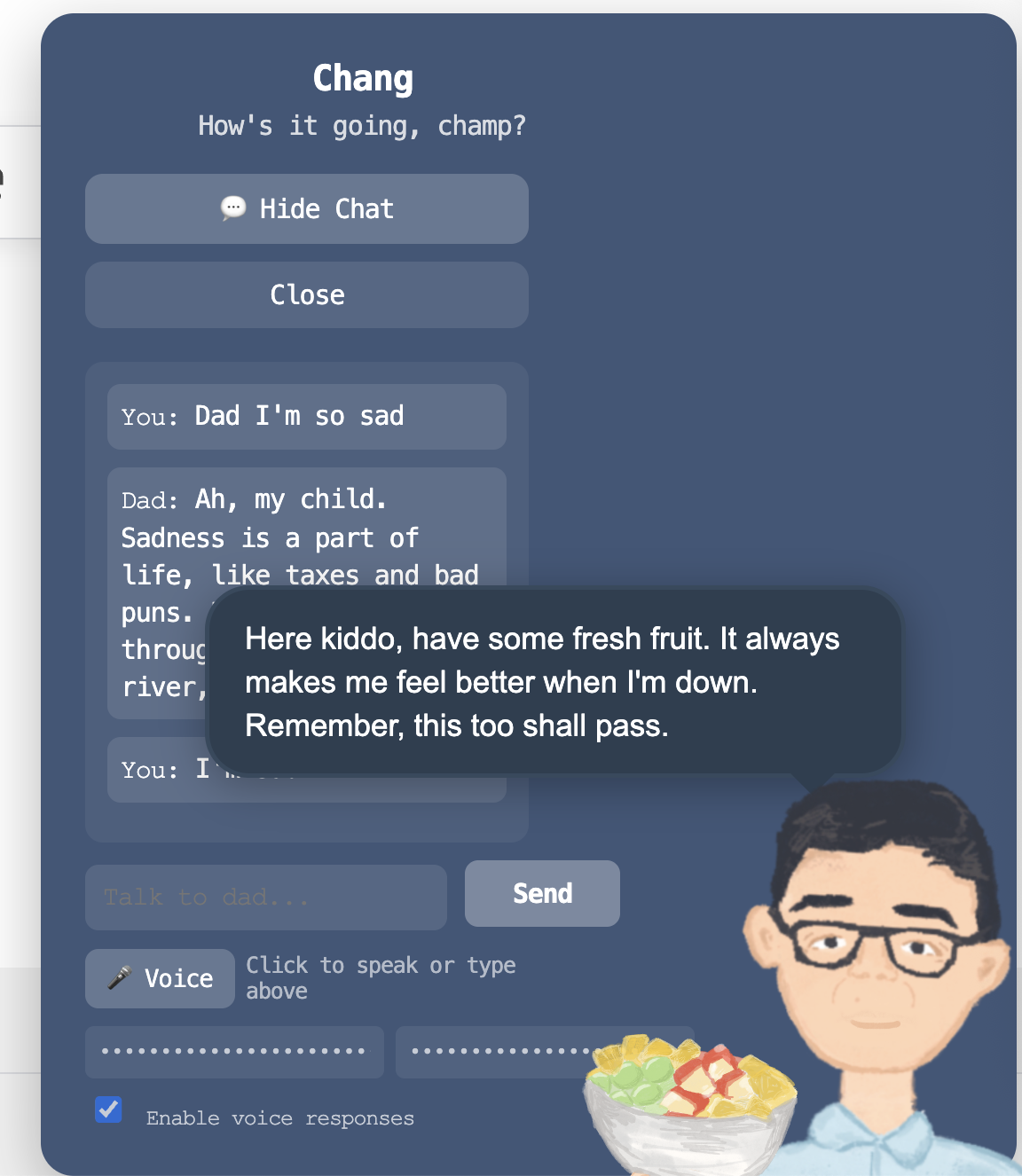 In-page chat with the Chang persona responding to a sad message with comforting advice