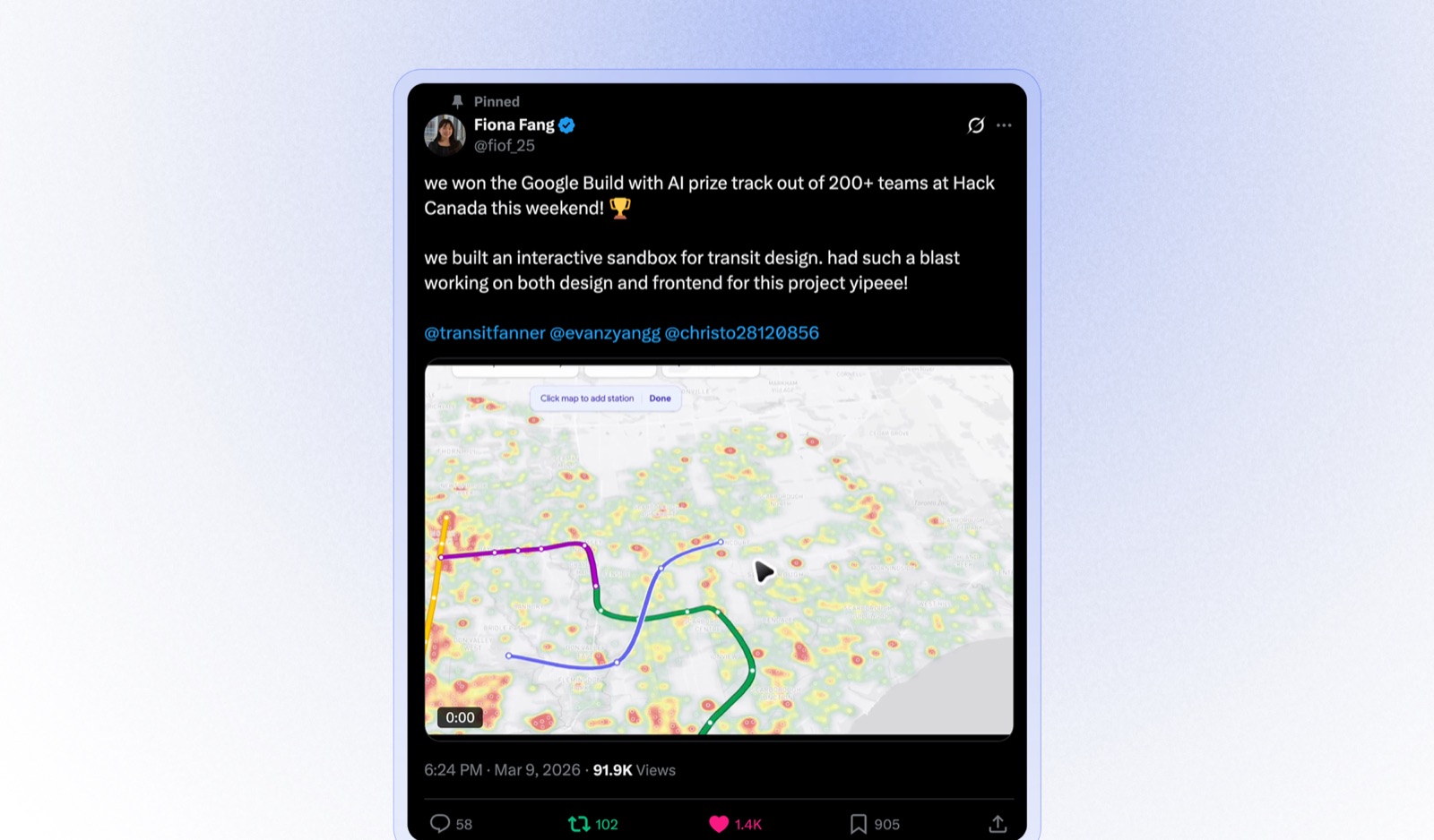Transit Planner Launch Tweet by Fiona Fang